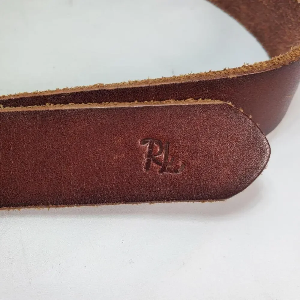 Polo Ralph Lauren Leather Belt western 28 Brown Scalloped Brass Buckle RL Logo